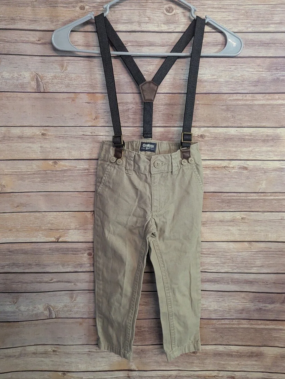 OshKosh B’gosh Toddler Boys Khaki Suspender Pants 3T Adjustable Dress Chinos